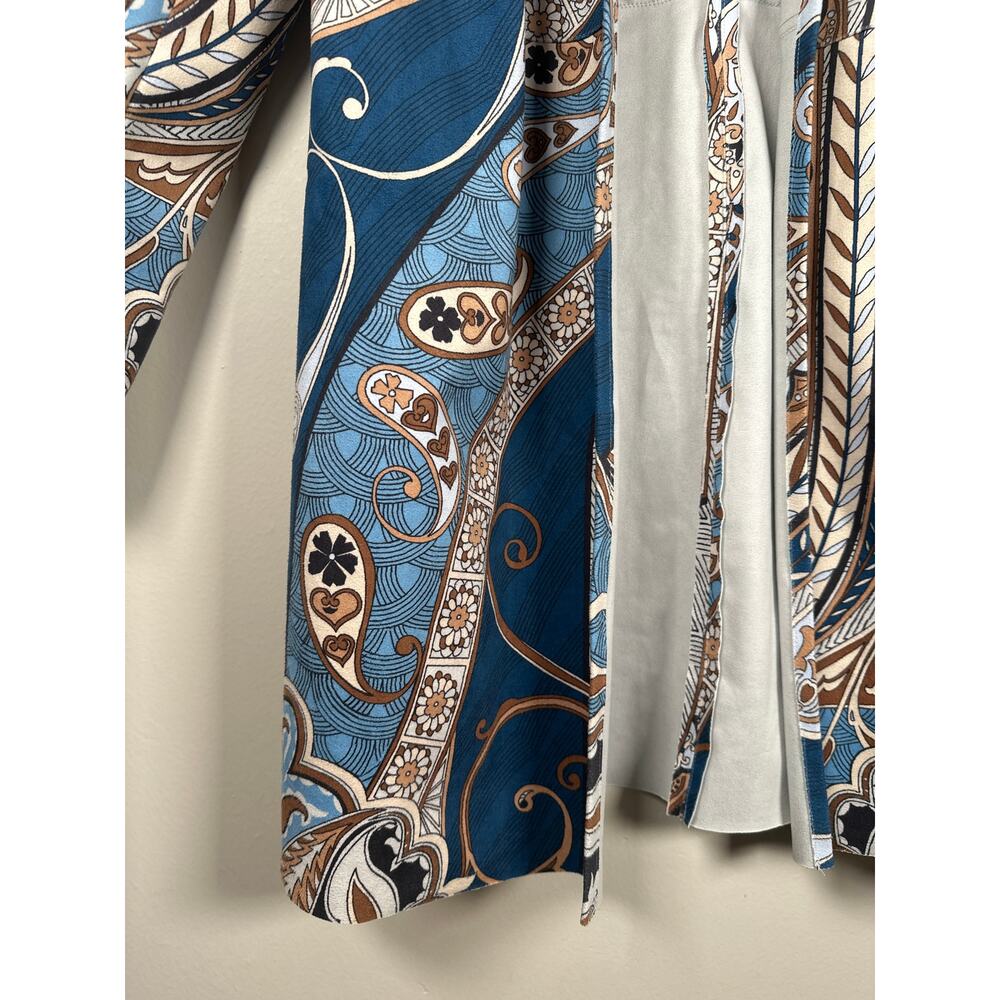 Chicos Baroque-Printed Cardigan Size 1 M Long Open Stretch Paisley Faux Suede - Picture 4 of 11